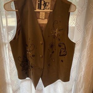 iBE Silk Embellished Vest Beaded Star Heart Brown Size 12
